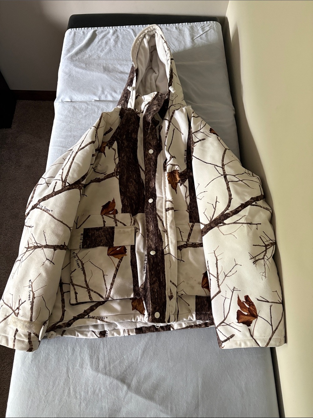 Men's Hooded Field Jacket in white with Brown Tree Print